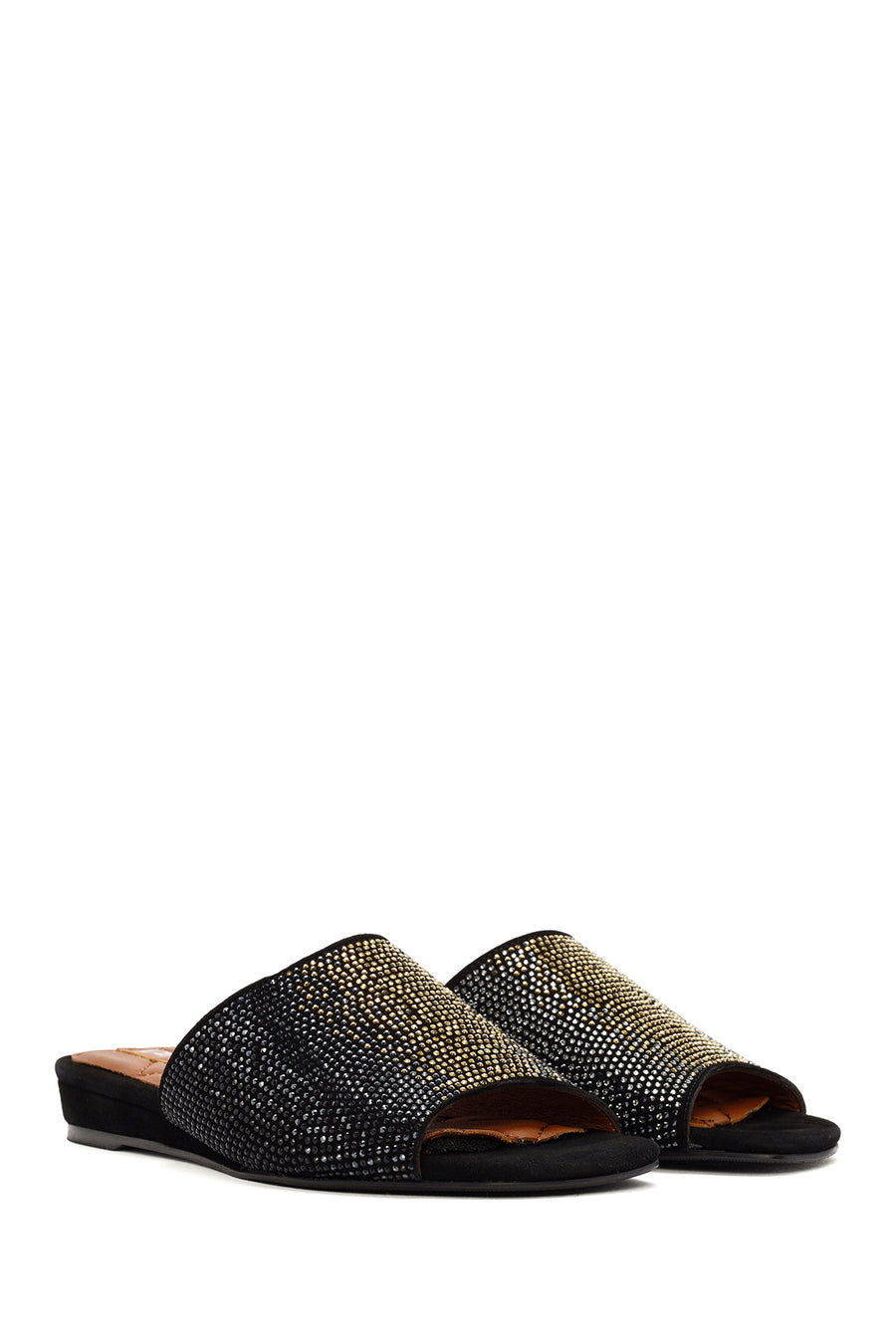 Women's Black Stoned Leather Slippers