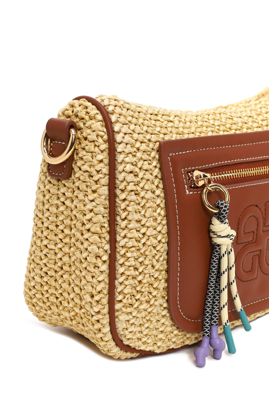 Woman Beige Long-Strap Wicker Crossbody Bag