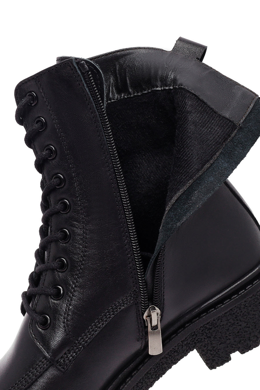 Women's Black Zippered Thick-Soled Leather Ankle Boots
