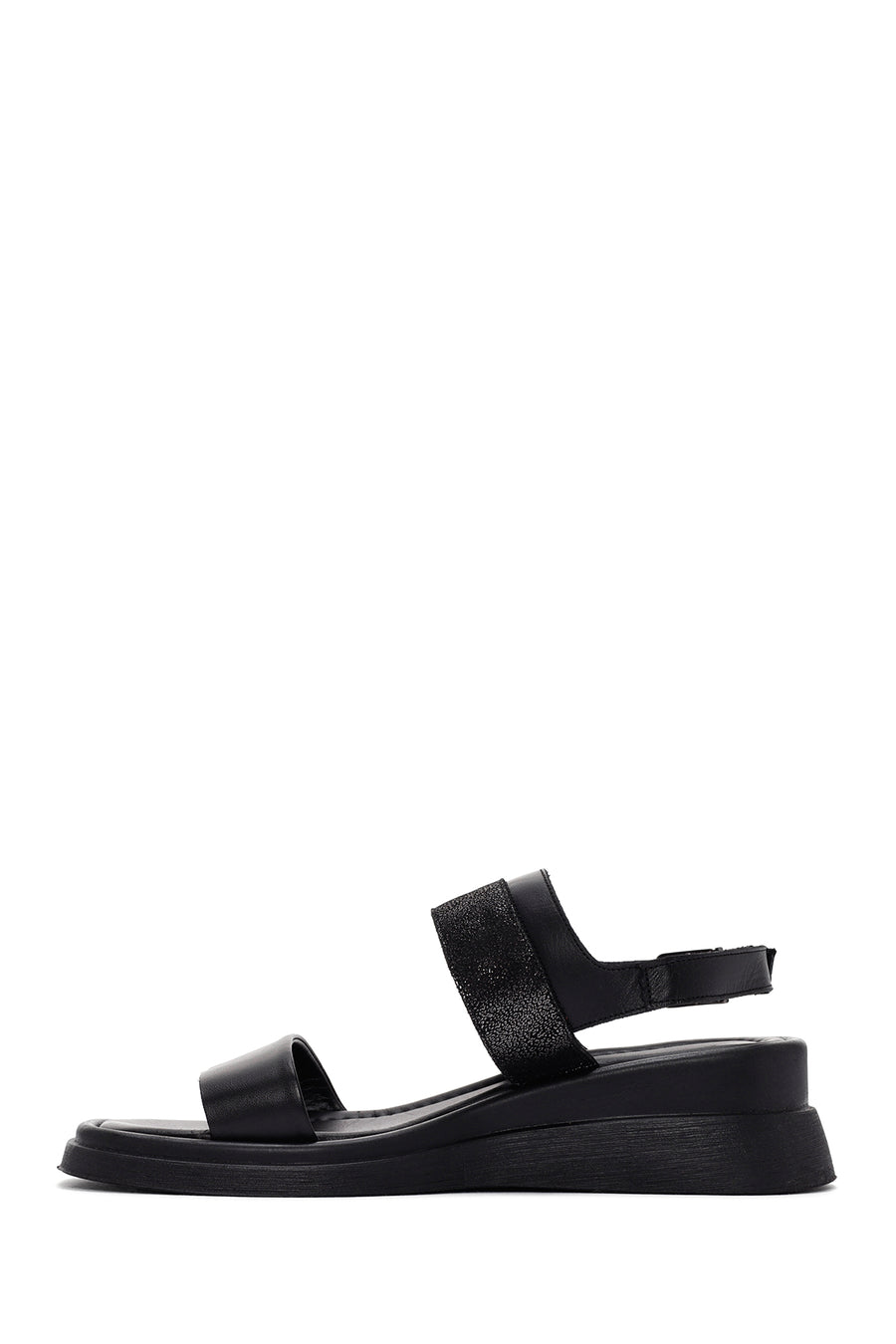 Women's Black Wedge Heeled Leather Sandals