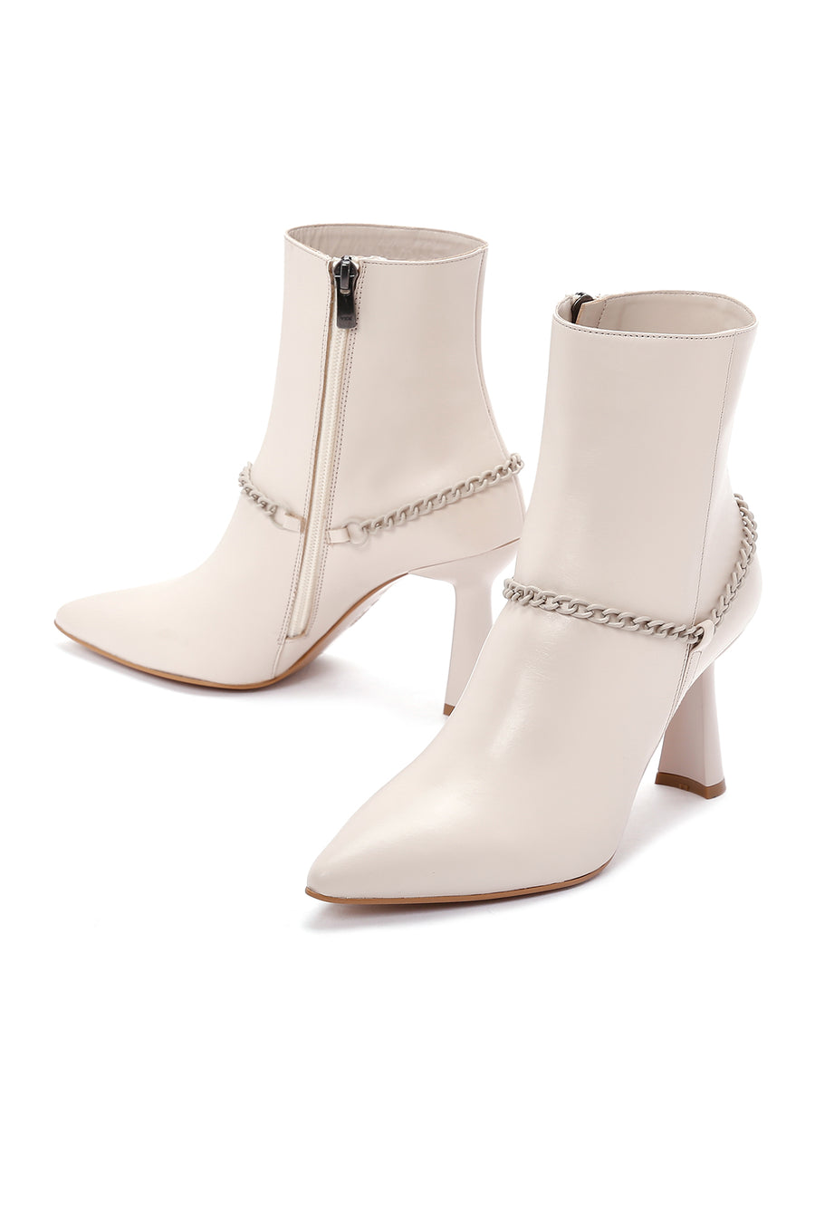 Women's Beige Leather Zippered Chain Heeled Classic Boots