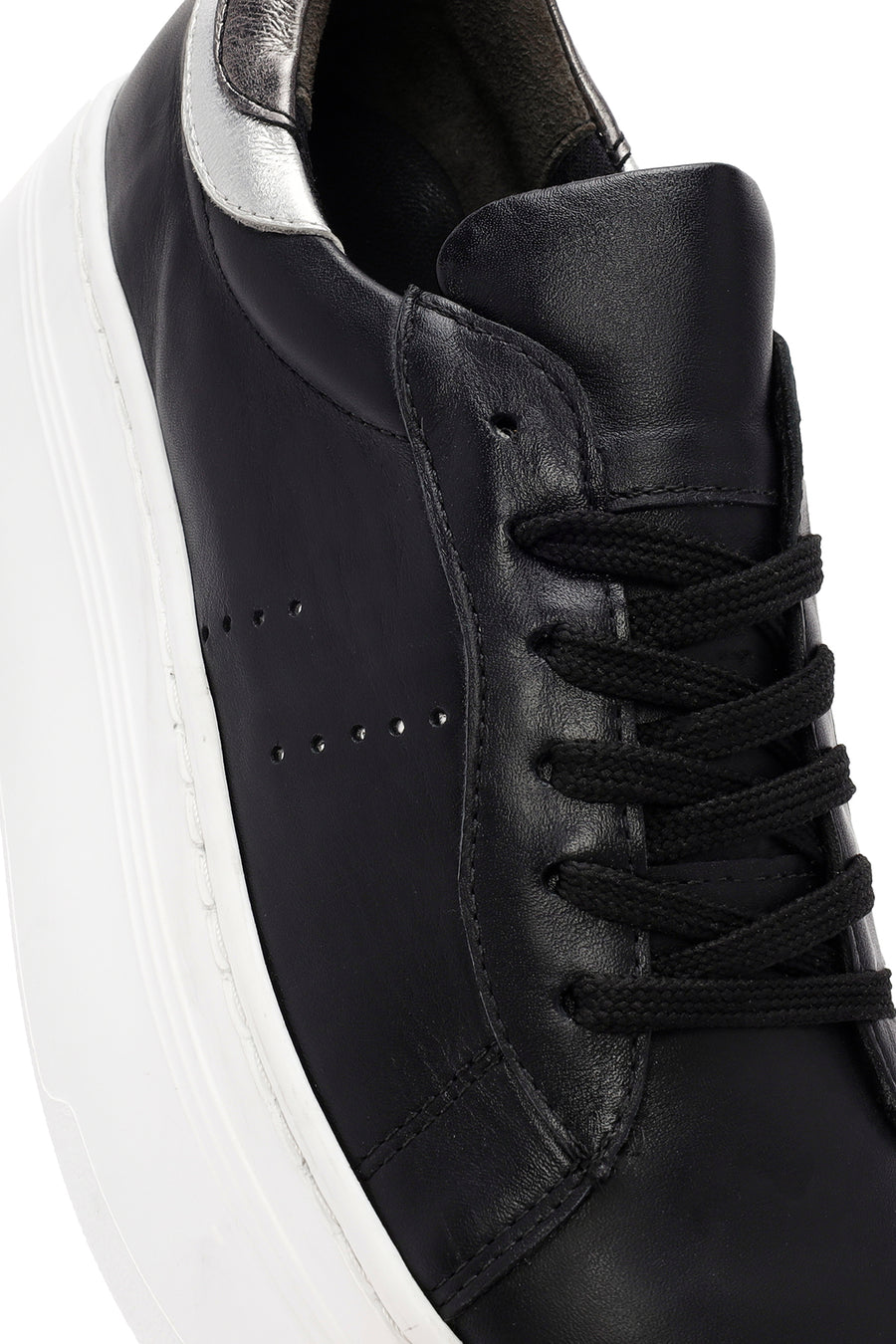 Women's Black Lace-up Thick-Sole Leather Sneaker