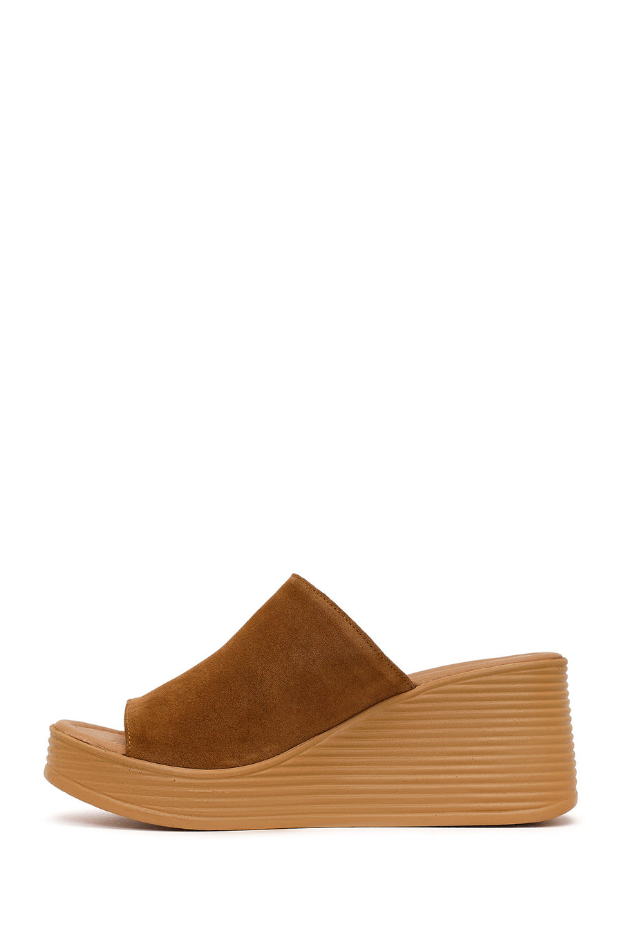 Woman Tan Wedge-Heel Suede Leather Slippers