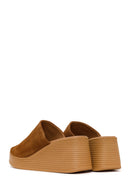 Woman Tan Wedge-Heel Suede Leather Slippers | Derimod
