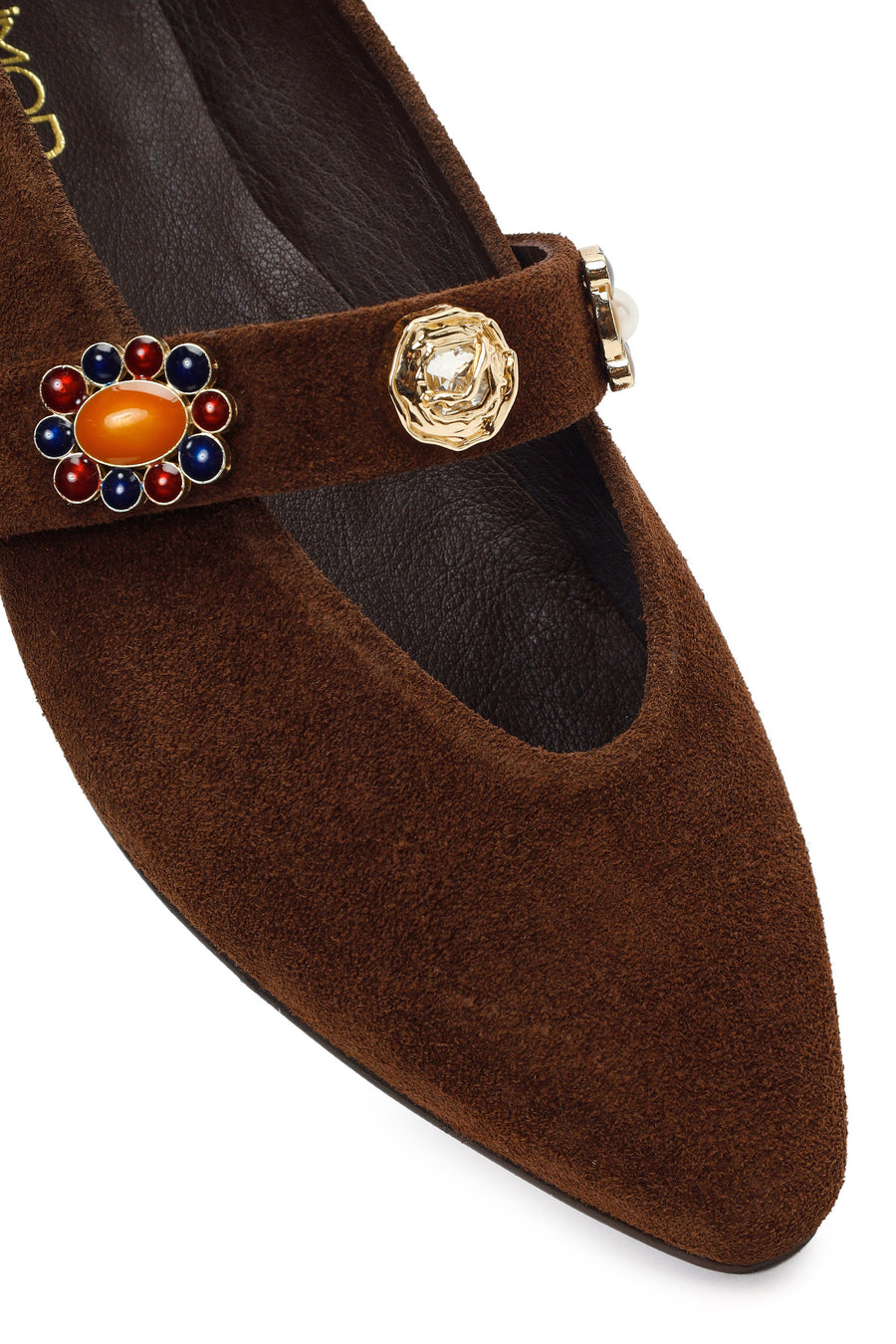 Women's Brown Suede Leather Ballet Flats with Rhinestones