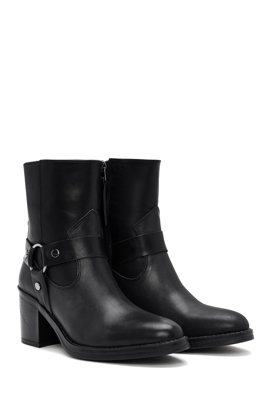 Women's Black Heeled Zippered Leather Boots