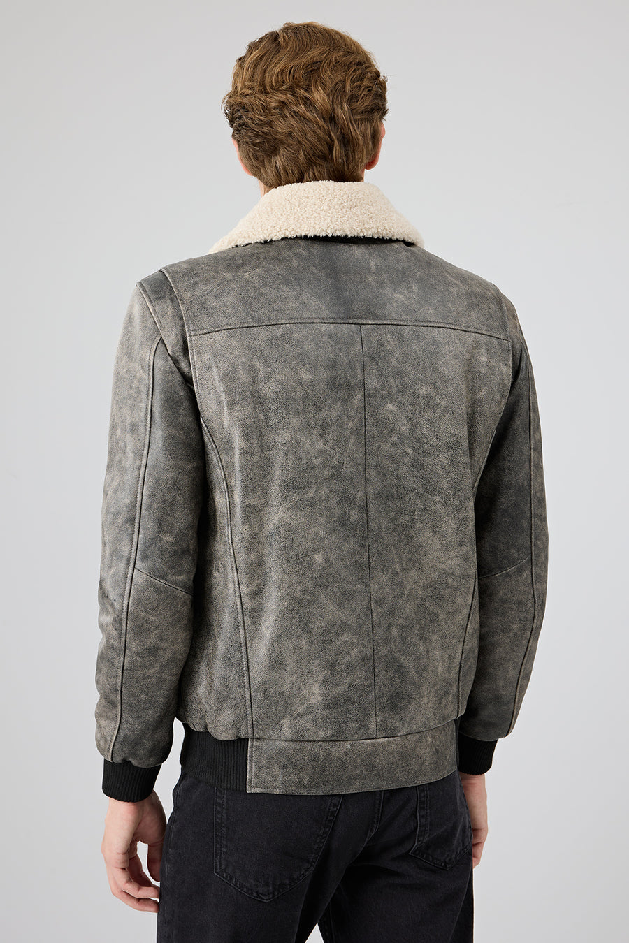 Hurricane Men's Grey Fur Collar Pilot Leather Jacket with Emblem