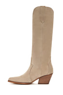 Women's Beige Suede Leather Heeled Cowboy Boots | Derimod