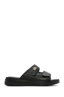 Women's Black Double-Striped Leather Comfort Slippers | Derimod