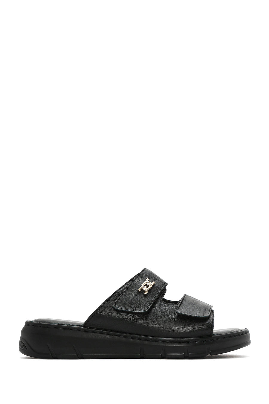 Women's Black Double-Striped Leather Comfort Slippers 25SFD341218 | Derimod