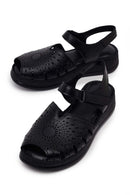 Woman Black Patterned Thick-Soled Leather Comfort Sandal | Derimod