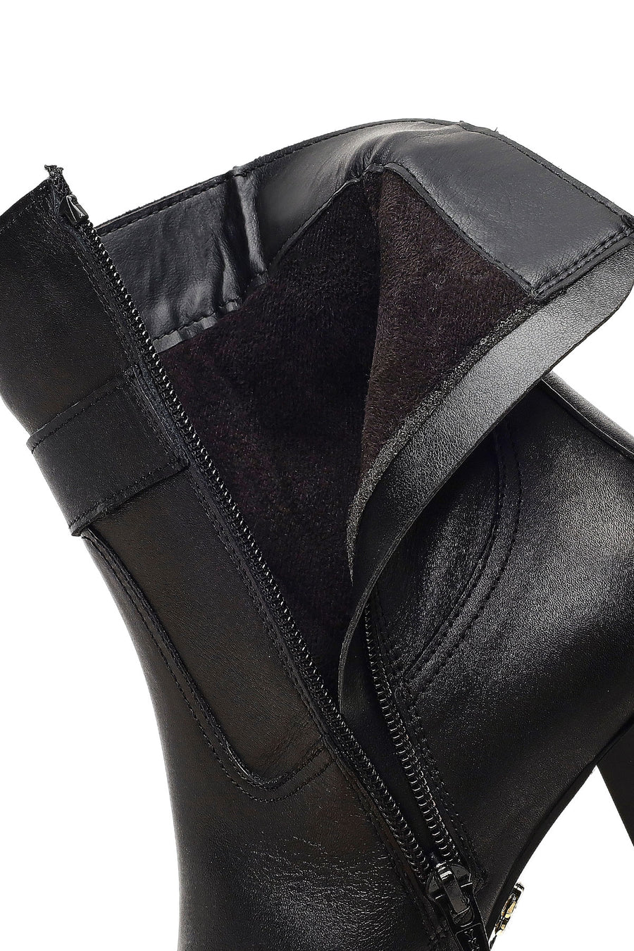 Women's Black Zippered Thick Heeled Leather Boot