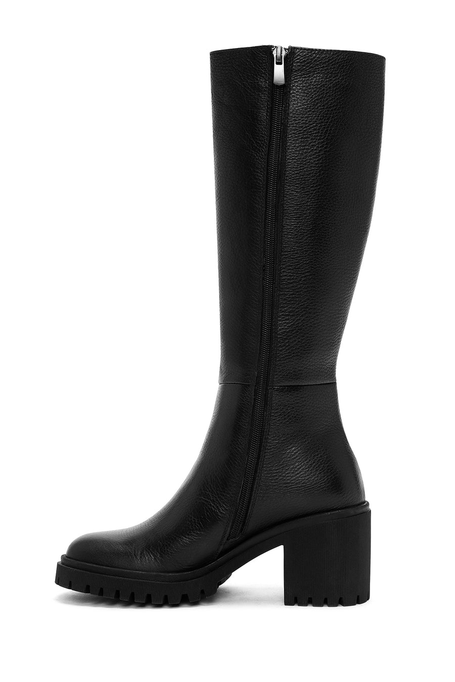 Woman Black Zip Closure Chunky Heeled Leather Boots