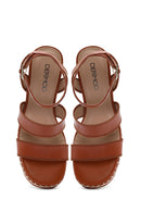 Women's Tan Ankle Buckle Wedge Heel Espadrille Sandals | Derimod