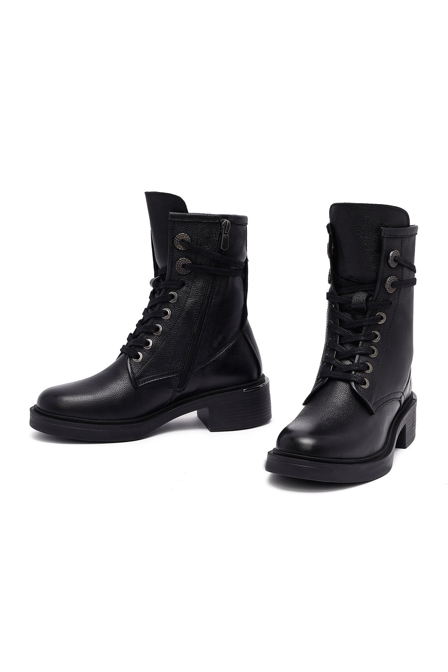 Women's Black Zippered Lace-Up Leather Ankle Boots