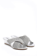 Women's Gray Stone Wedge Heel Open-Back Slippers | Derimod