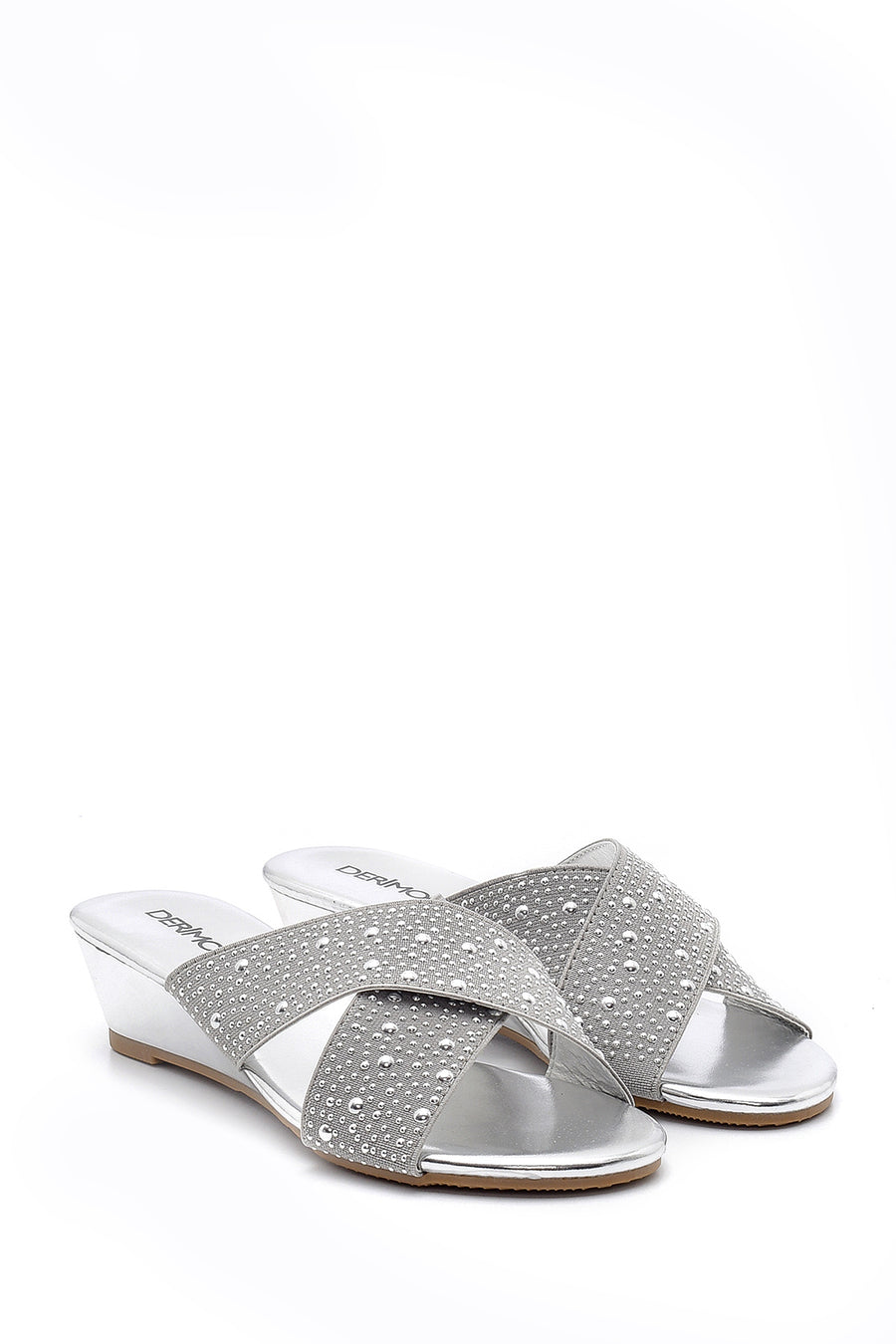 Women's Gray Stone Wedge Heel Open-Back Slippers