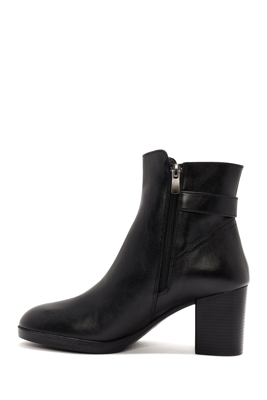 Woman Black Zippered Chunky Heels Leather Boat