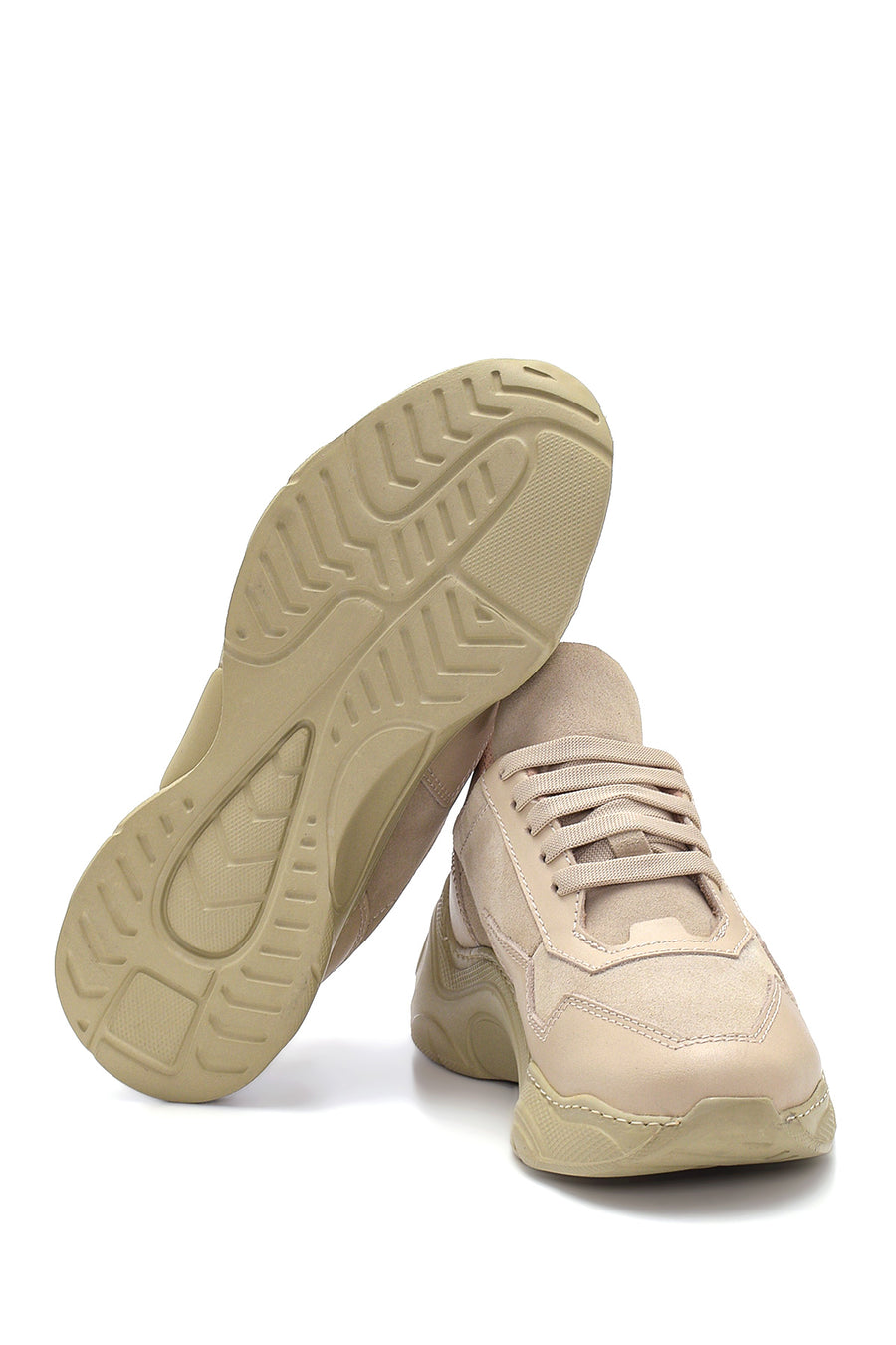 Women's Beige Leather High Sole Sneaker