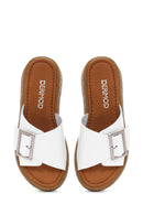 Women's White Buckle Leather Slippers | Derimod