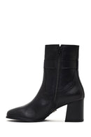 Women's Black Zippered Thick Heeled Leather Boot | Derimod