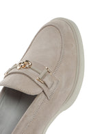 Women's Beige Buckled Thick Heel Suede Leather Masculine Loafer | Derimod