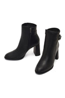 Women's Black Buckled Zippered Thick Heeled Leather Boot | Derimod
