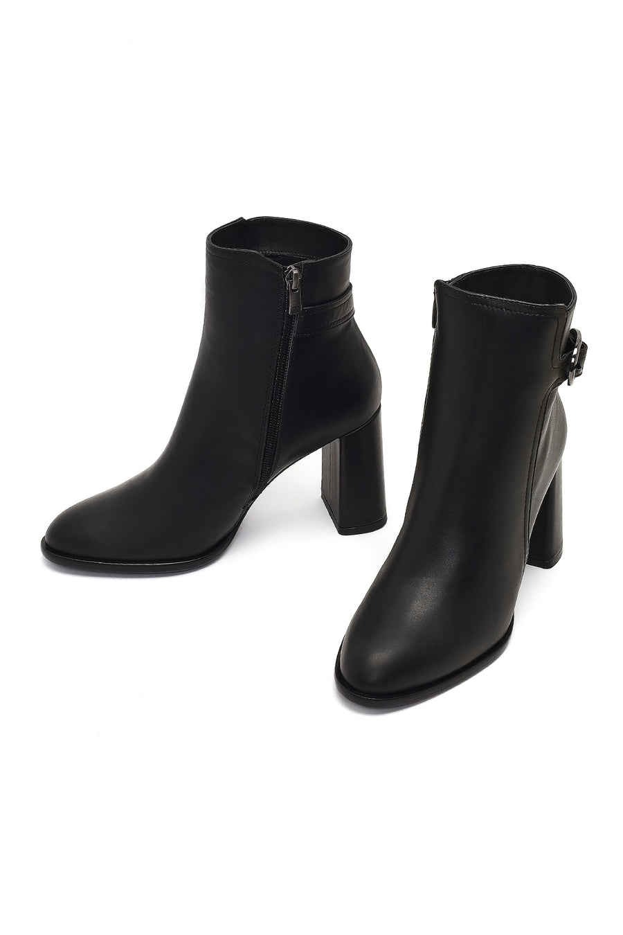 Women's Black Buckled Zippered Thick Heeled Leather Boot