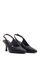 Women's Black Ankle Buckle Printed Thin Heel Open Back Leather Shoes | Derimod