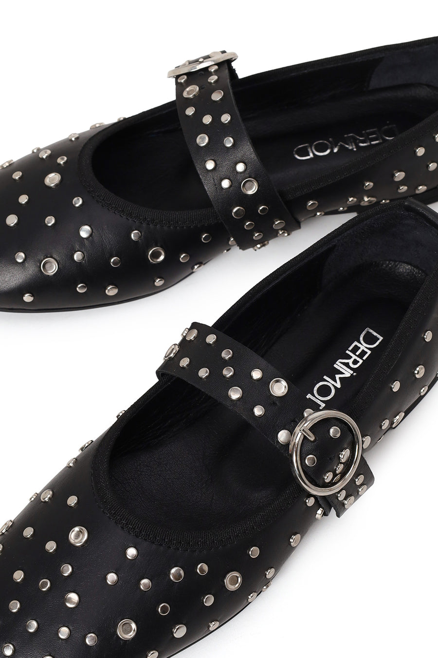 Women's Black Buckled Stoned Leather Ballerinas