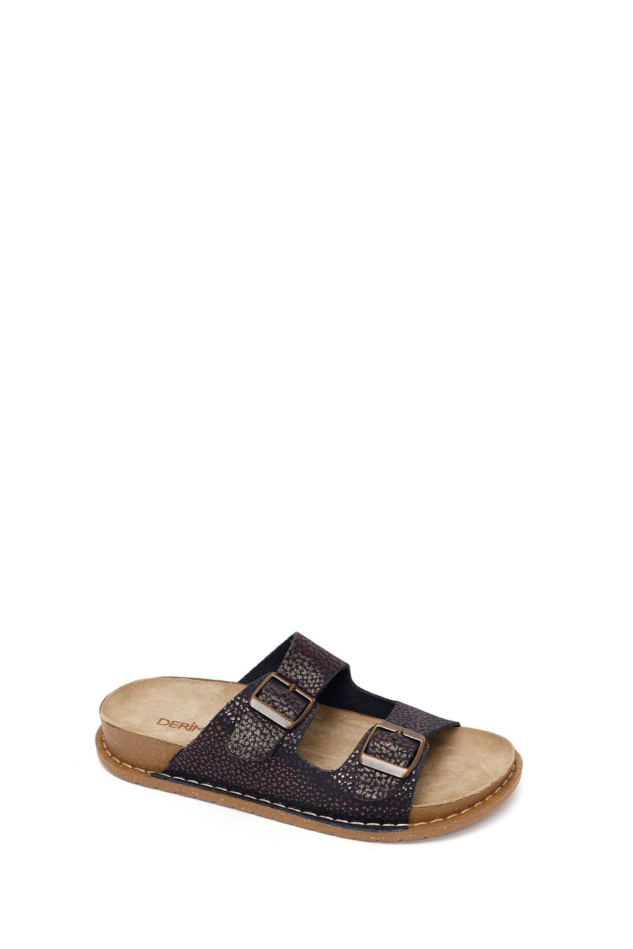Woman Brown Patterned Glittery Leather Slipper