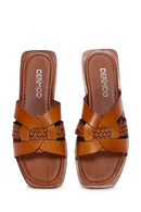 Women's Brown Knitted Detailed Leather Slippers | Derimod