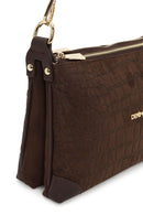 Woman Brown Printed Long-Strap Suede Shoulder Bag | Derimod