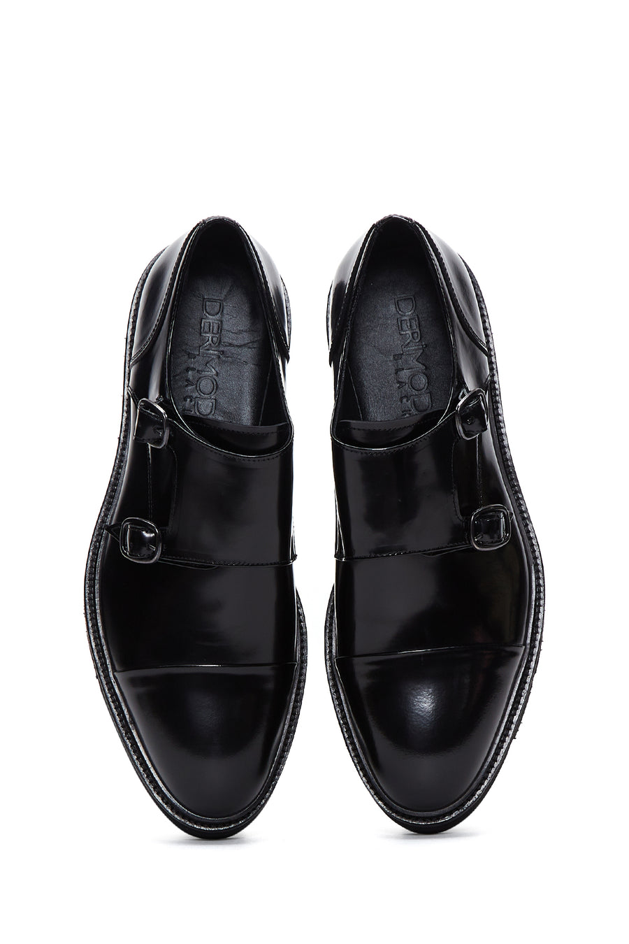 Men's Black Double Buckle Leather Casual Shoes