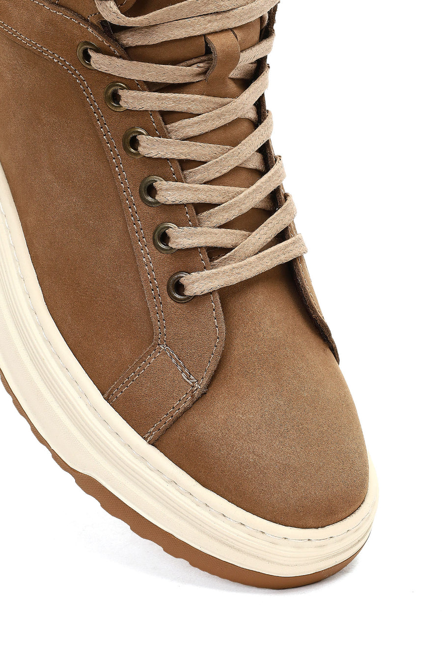 Men's Beige Lace-Up Thick-Soled Nubuck Leather Sports Boots