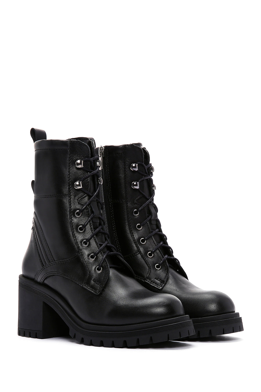 Women's Black Leather Zippered Heeled Boots