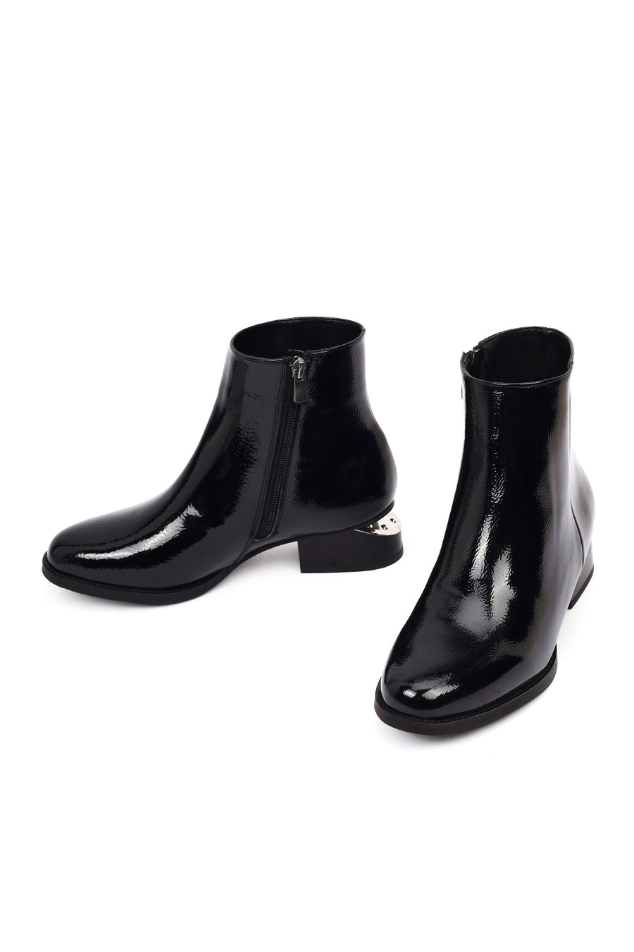 Women's Black Thick Short Heel Patent Leather Boot