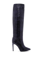 Women's Navy Blue Leather Thin Heeled Boots | Derimod