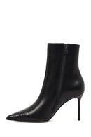 Women's Black Zippered Thin Heeled Leather Boot | Derimod