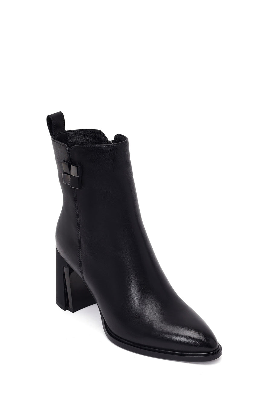 Woman Black Zip Closure Thick-Heeled Leather Boots