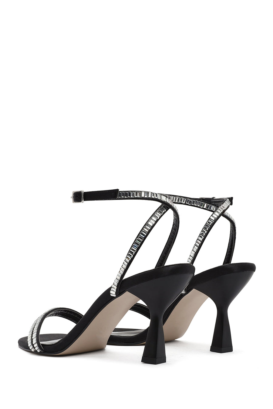 Women's Black Ankle Buckle Stoned Thin Heel Sandals