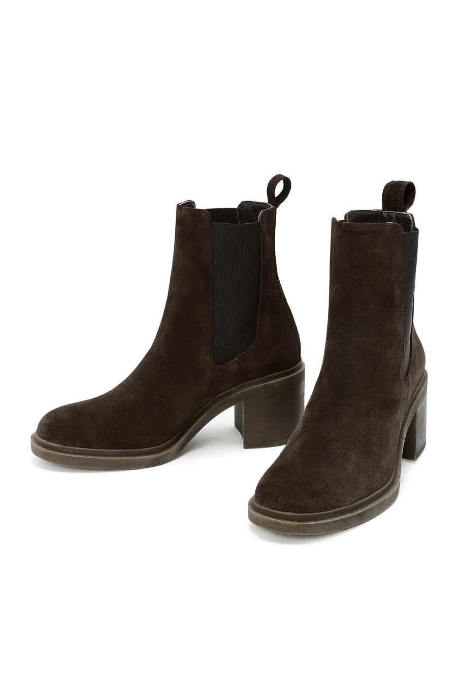 Woman Brown Chunky Heel Suede Leather Chelsea Boots