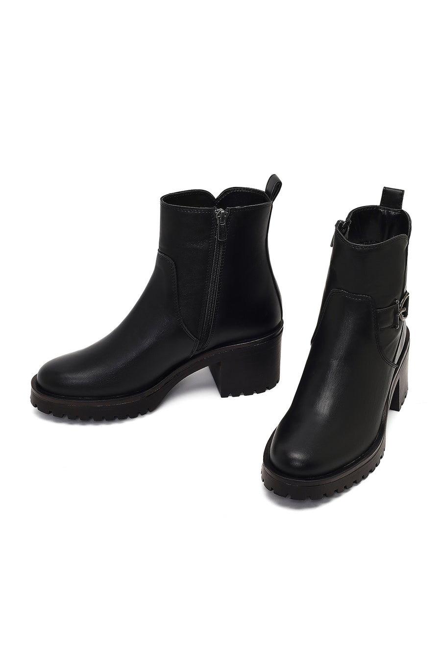 Women's Black Zippered Thick Heeled Boots