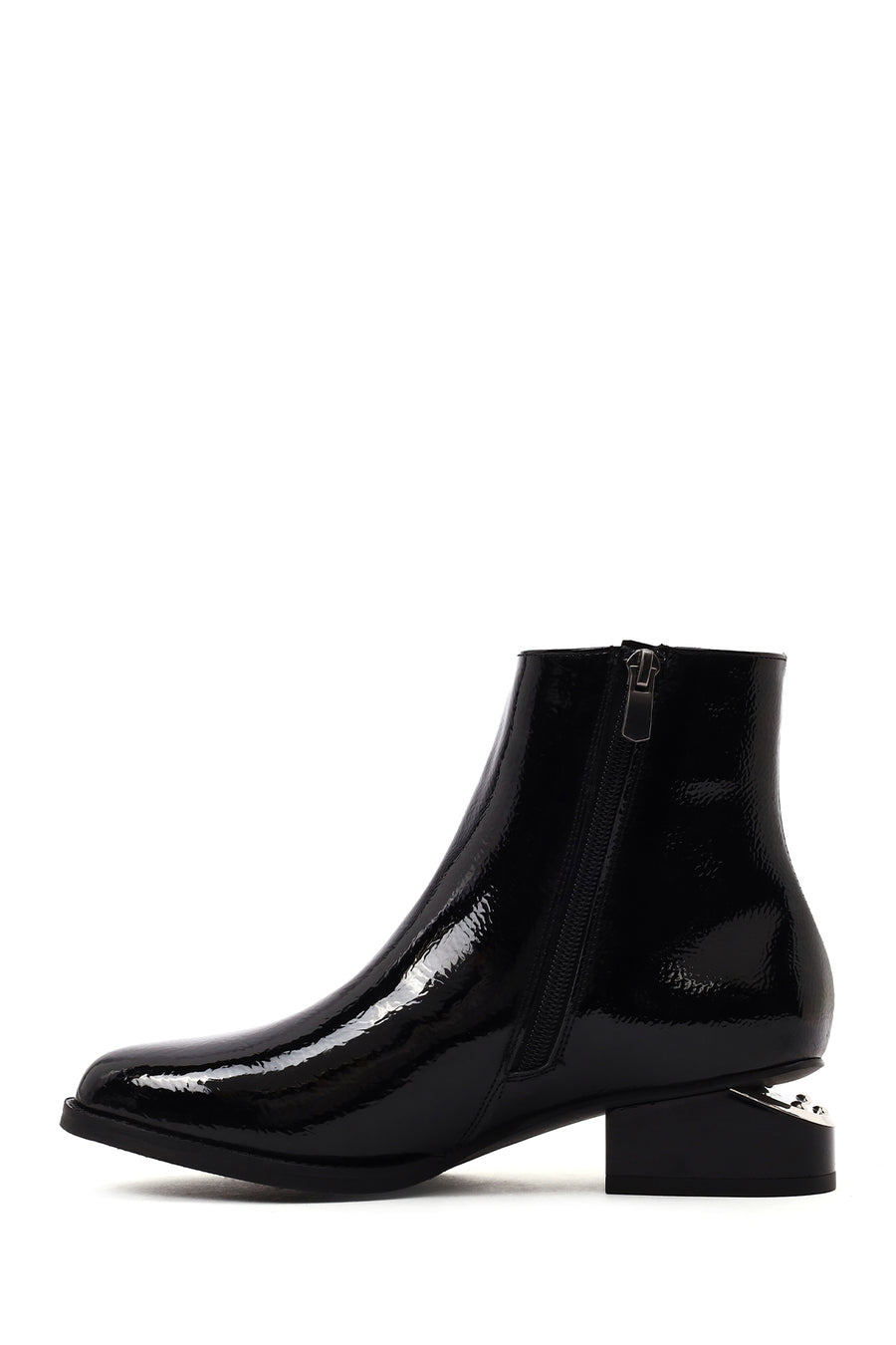 Women's Black Thick Short Heel Patent Leather Boot