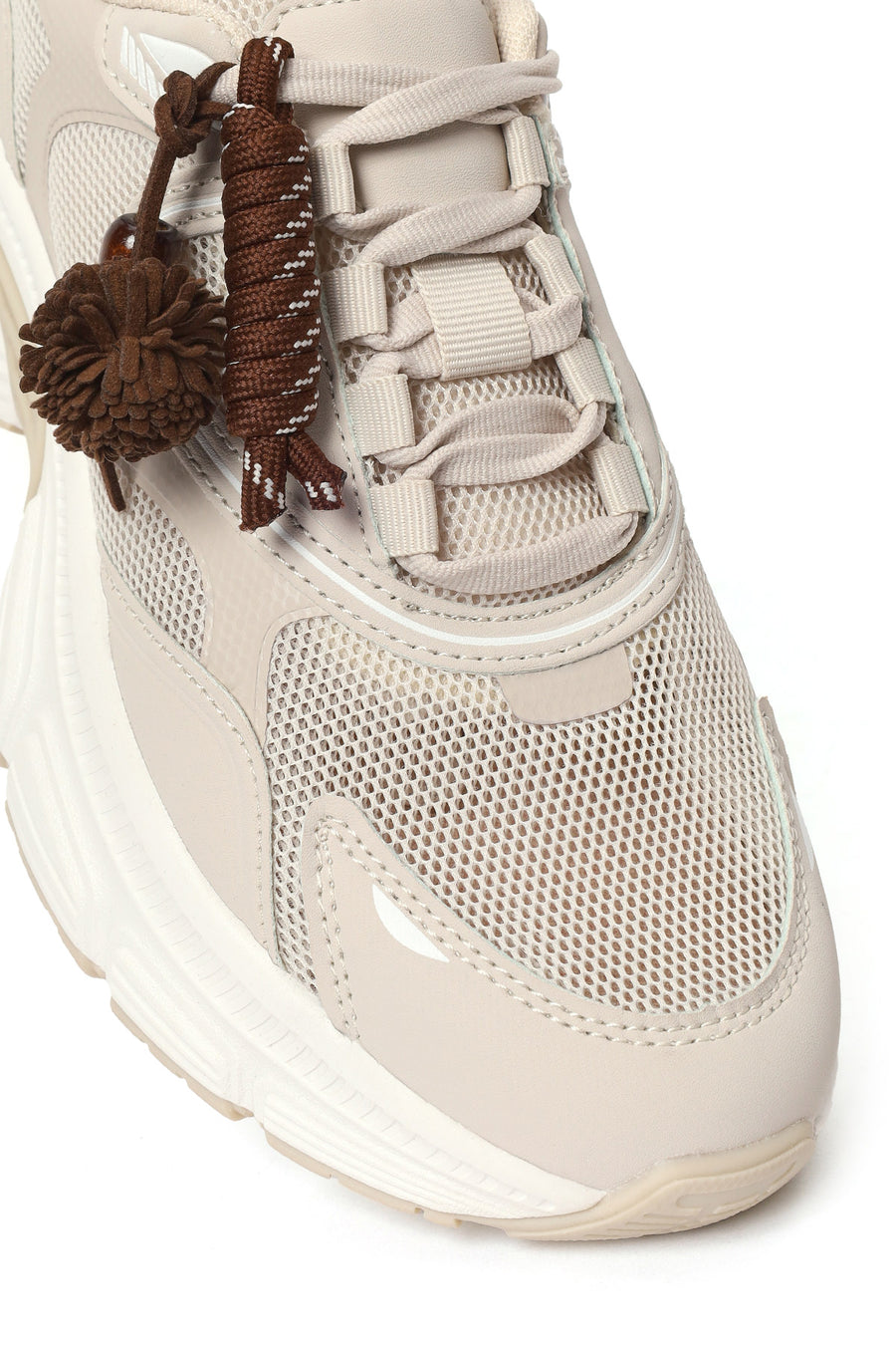Women's Beige Lace-up Chunky Sole Charm Sneakers