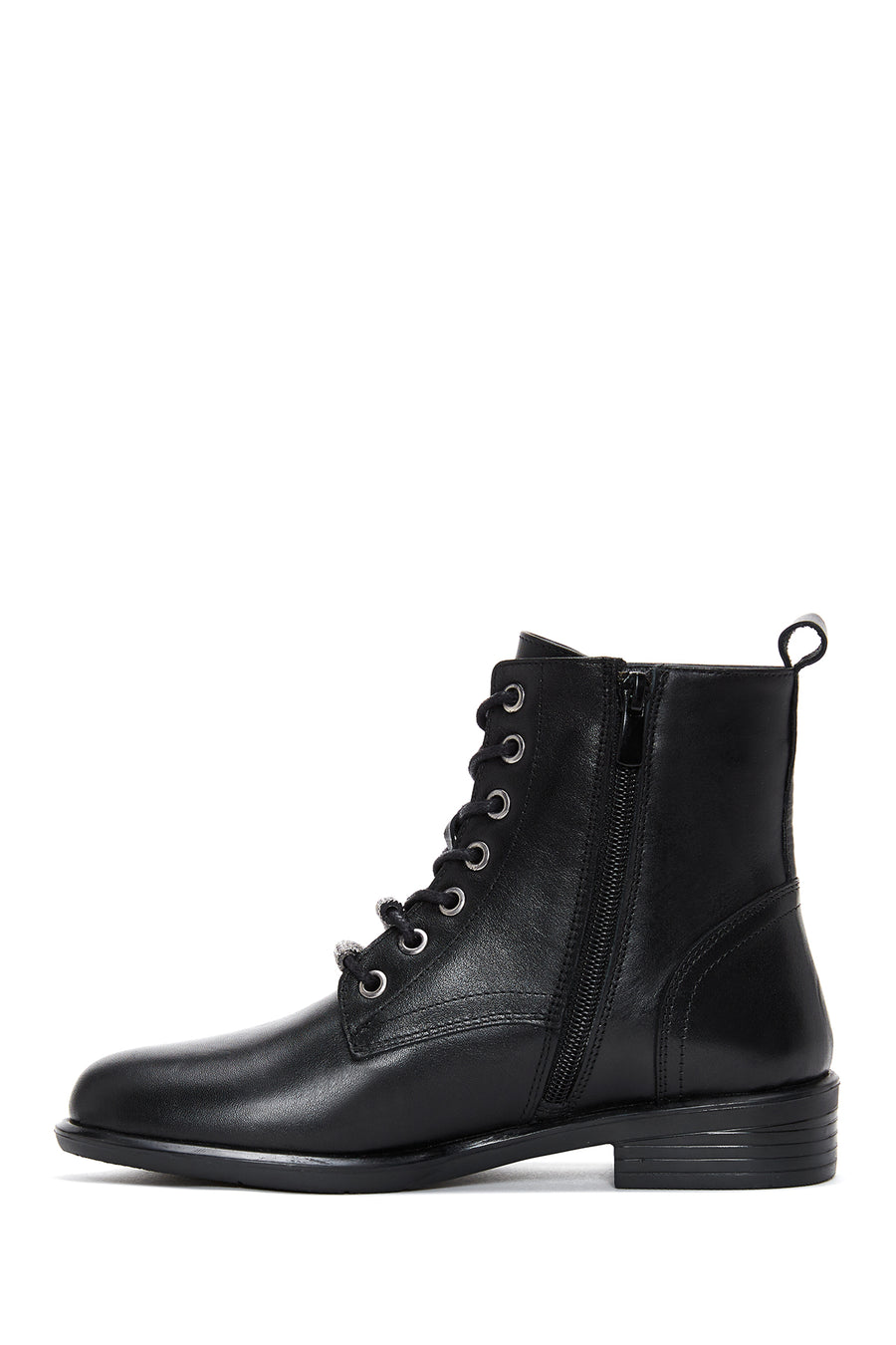Woman Black Lace-Up Zipper Detail Leather Postal Boots