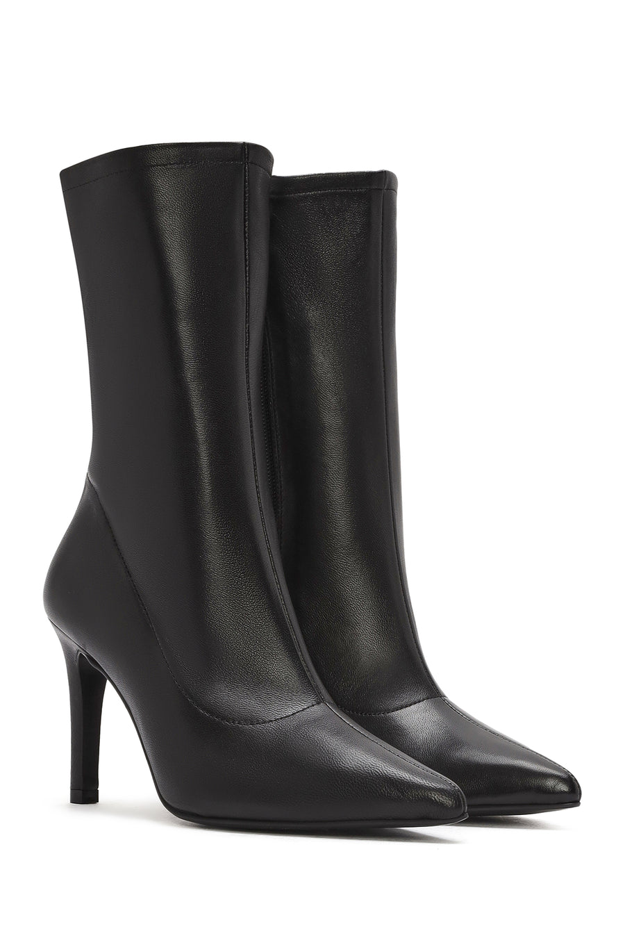 Women's Black Zippered Thin Heeled Leather Boots