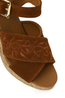 Woman Tan Ankle Buckled Wedge Heel Suede Espadrilles Sandal | Derimod