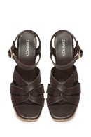 Woman Brown Ankle-Strap Buckled Wedge-Heel Leather Espadrilles Sandal | Derimod
