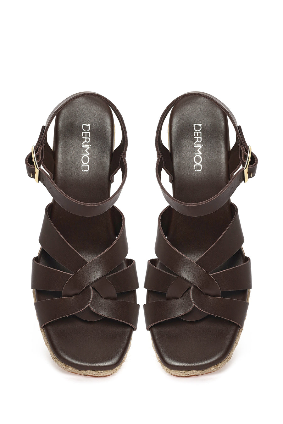 Woman Brown Ankle-Strap Buckled Wedge-Heel Leather Espadrilles Sandal